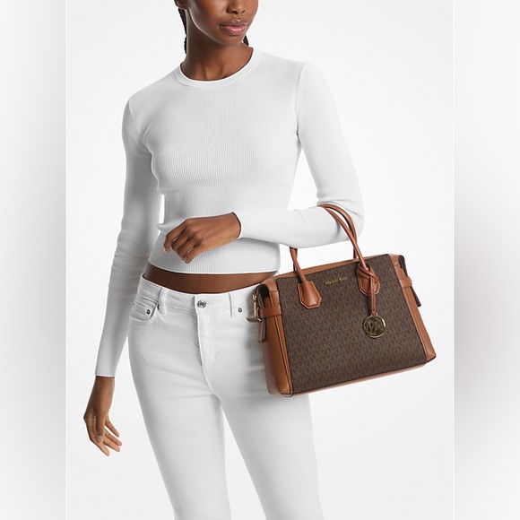 MK Mercer Medium Signature Logo and Leather Belted Satchel with crossbody strap - Picture 1 of 16